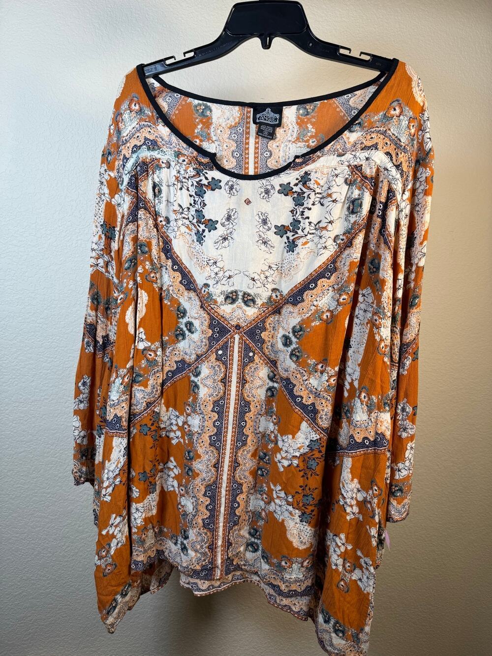 Angie Orange Floral Border Print Boho Tunic Peasant Blouse Cottage Core Plus 3X